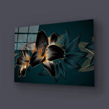 Vintage Elegant Luxury Gold Background Hand Drawn Lily Flowers Green Exotic Leaves Glass Wall Art - CreoGlass E-Shop