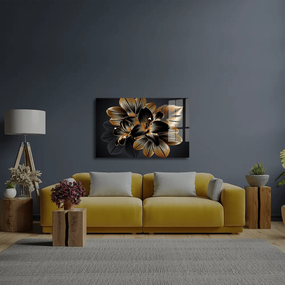 Vintage Luxury Seamless Floral Background Golden Lilies Flower Glass Wall Art - CreoGlass E-Shop
