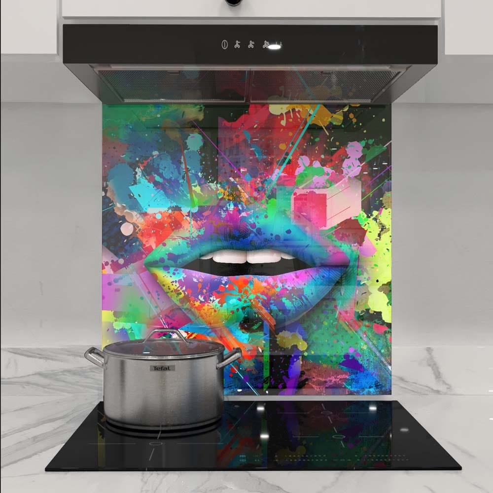 Graffiti Coloured Lips Glass Kitchen Splashback