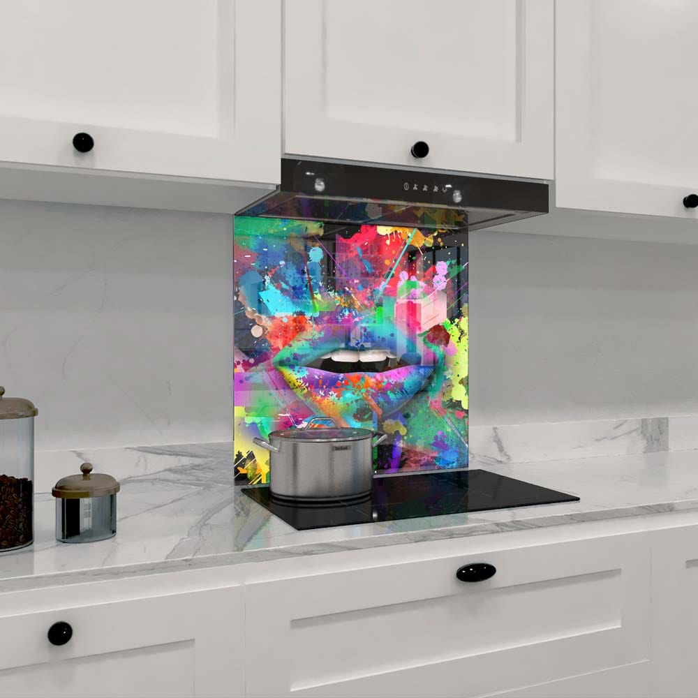 Graffiti Coloured Lips Glass Kitchen Splashback