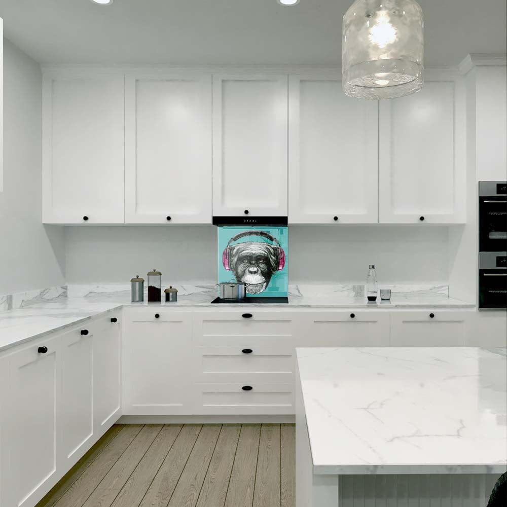Monkey with Headphones Illustration Glass Kitchen Splashback
