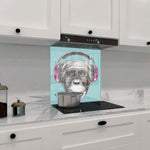 Monkey with Headphones Illustration Glass Kitchen Splashback