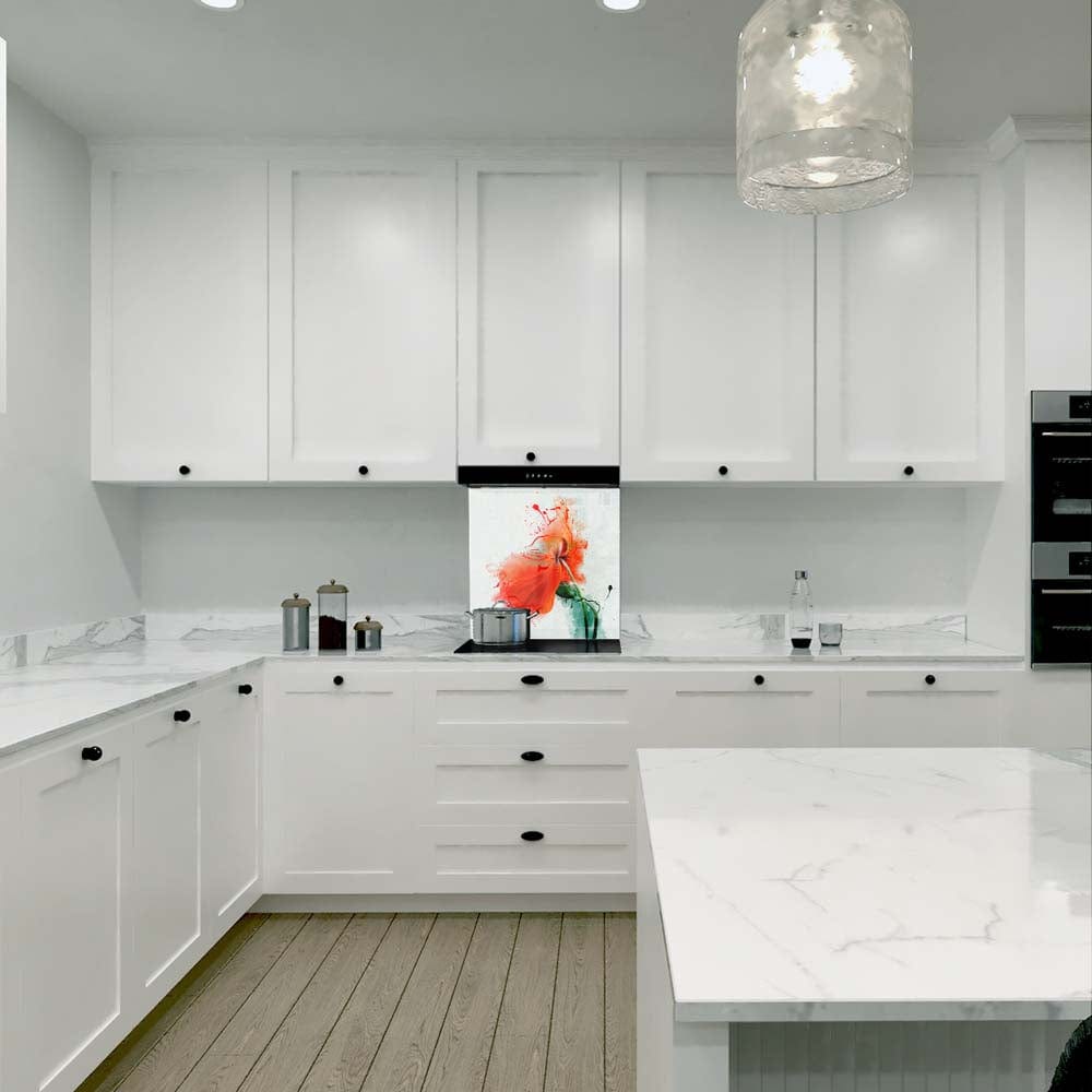 Red Flower Painting Glass Kitchen Splashback