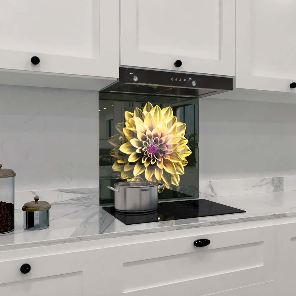 Yellow and Purple Dahlia Glass Kitchen Splashback