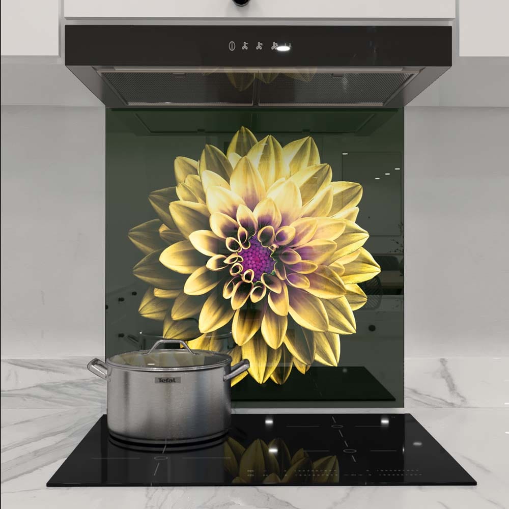Yellow and Purple Dahlia Glass Kitchen Splashback