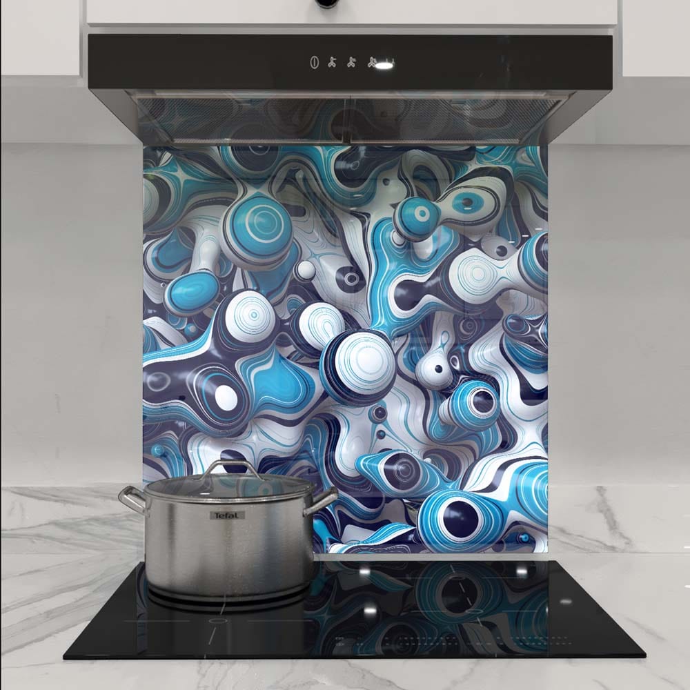 Blue and White Abstract Drops Glass Kitchen Splashback