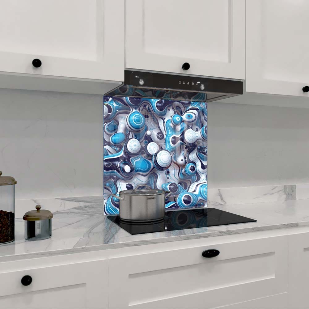 Blue and White Abstract Drops Glass Kitchen Splashback