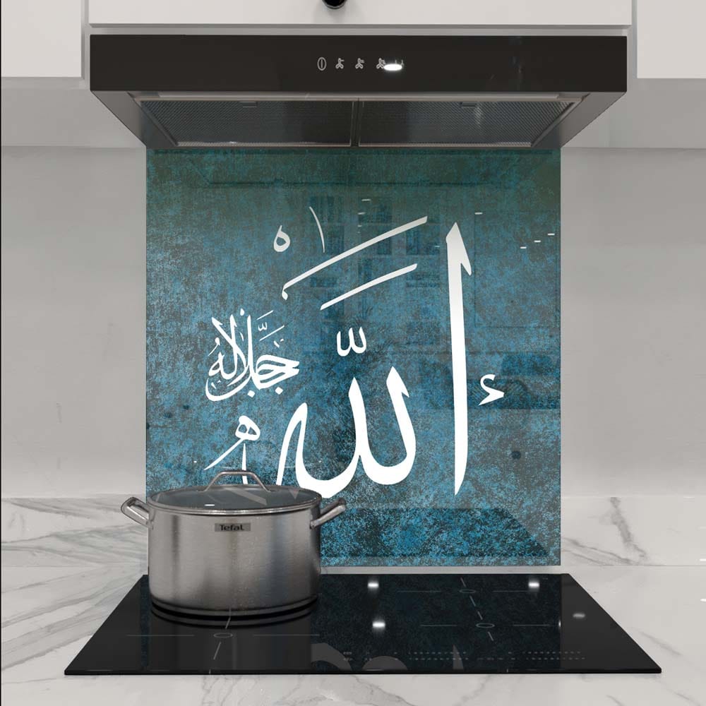 Blue Islamic Calligraphy Glass Kitchen Splashback