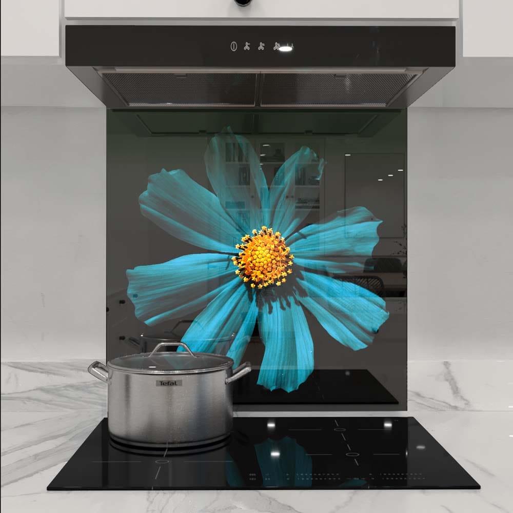 Cerulean Daisy Glass Kitchen Splashback