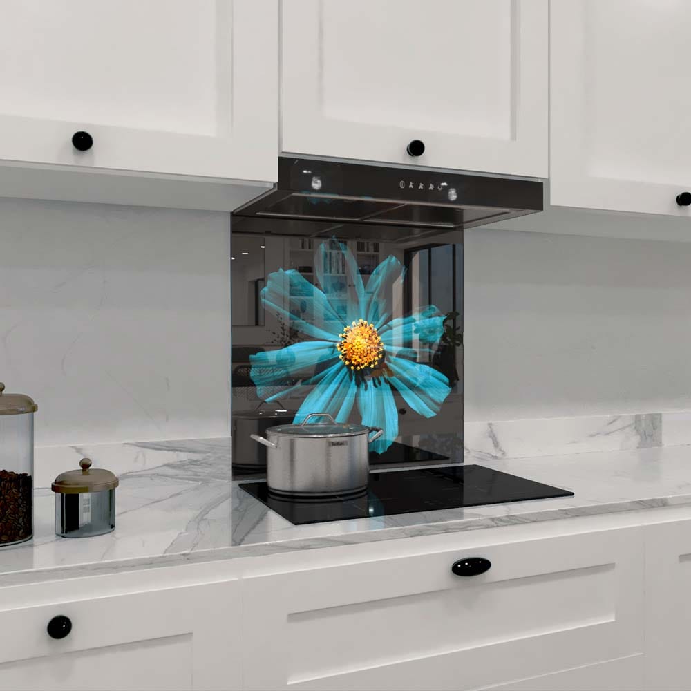 Cerulean Daisy Glass Kitchen Splashback