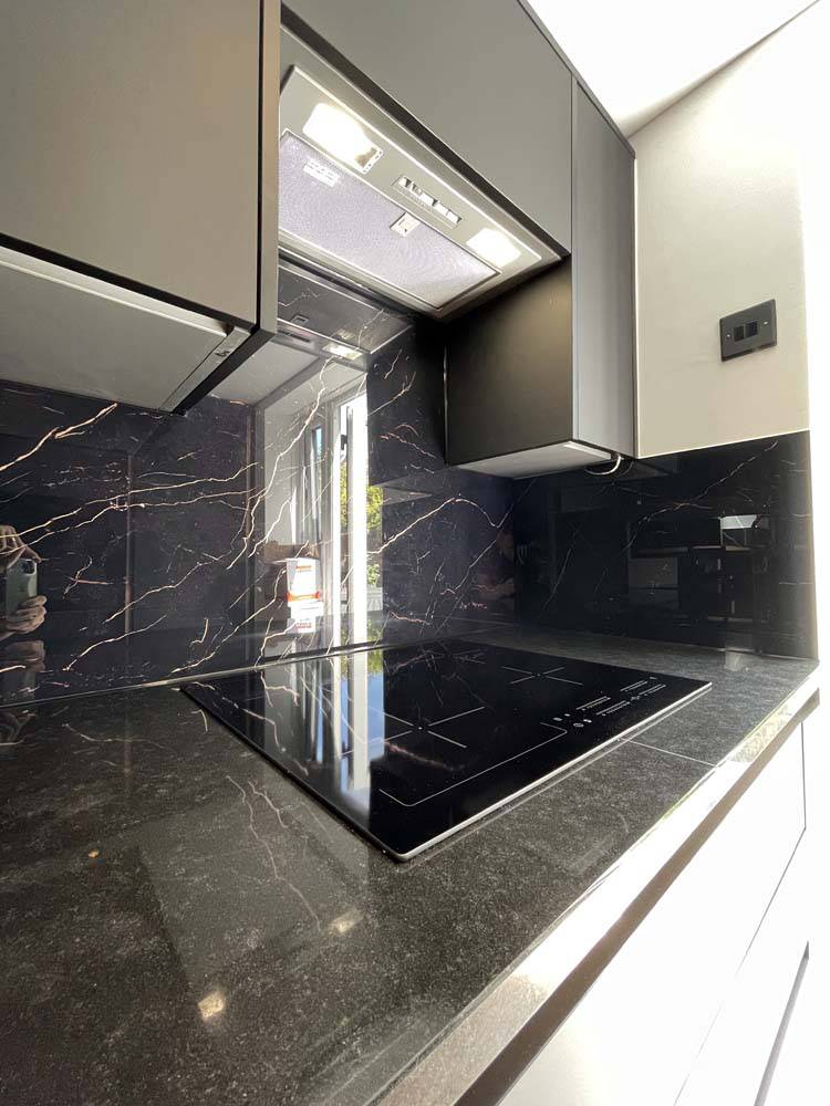 Black and Copper Printed Marble Glass Kitchen Splashback - CreoGlass E-Shop
