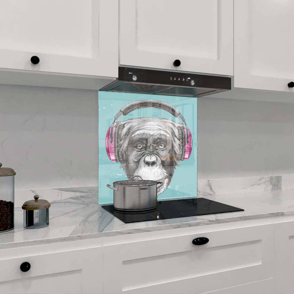 Monkey with Headphones Illustration Printed Glass  Splashback - CreoGlass E-Shop