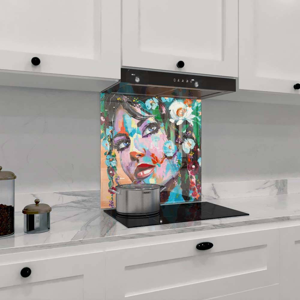 Painted Woman in Flowers Printed Glass  Splashback - CreoGlass E-Shop