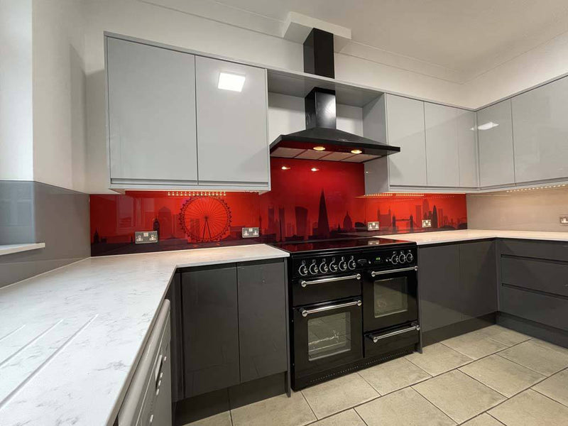 Red London Skyline Printed Landscape Glass Kitchen Splashback - CreoGlass E-Shop