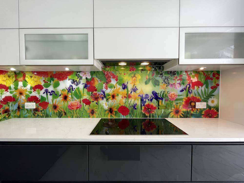 Vibrant Flowers Printed Glass Kitchen Splashback - CreoGlass E-Shop
