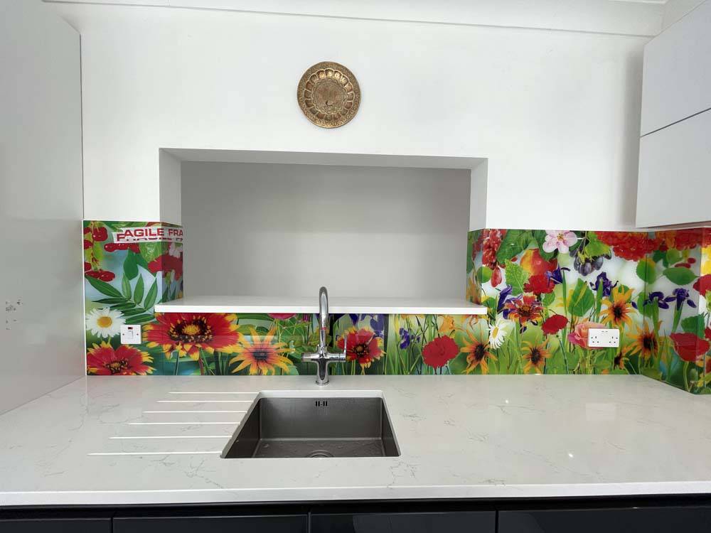 Vibrant Flowers Printed Glass Kitchen Splashback - CreoGlass E-Shop
