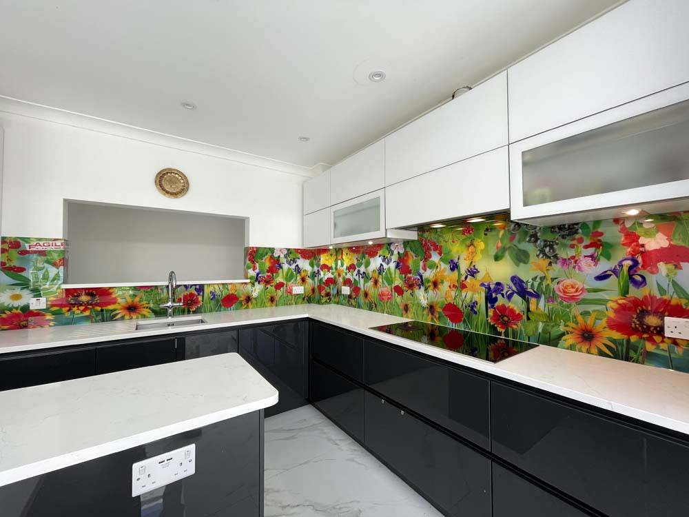 Vibrant Flowers Printed Glass Kitchen Splashback - CreoGlass E-Shop