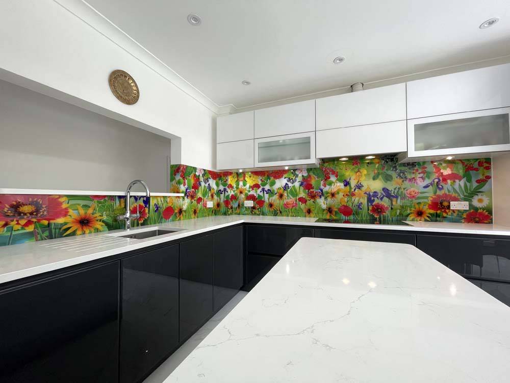 Vibrant Flowers Printed Glass Kitchen Splashback - CreoGlass E-Shop