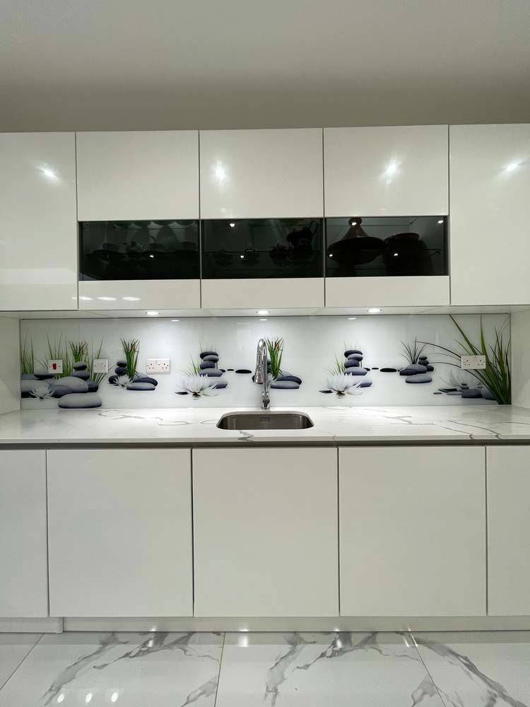 White Lotus and Rocks Printed Landscape Glass Splashback - CreoGlass E-Shop