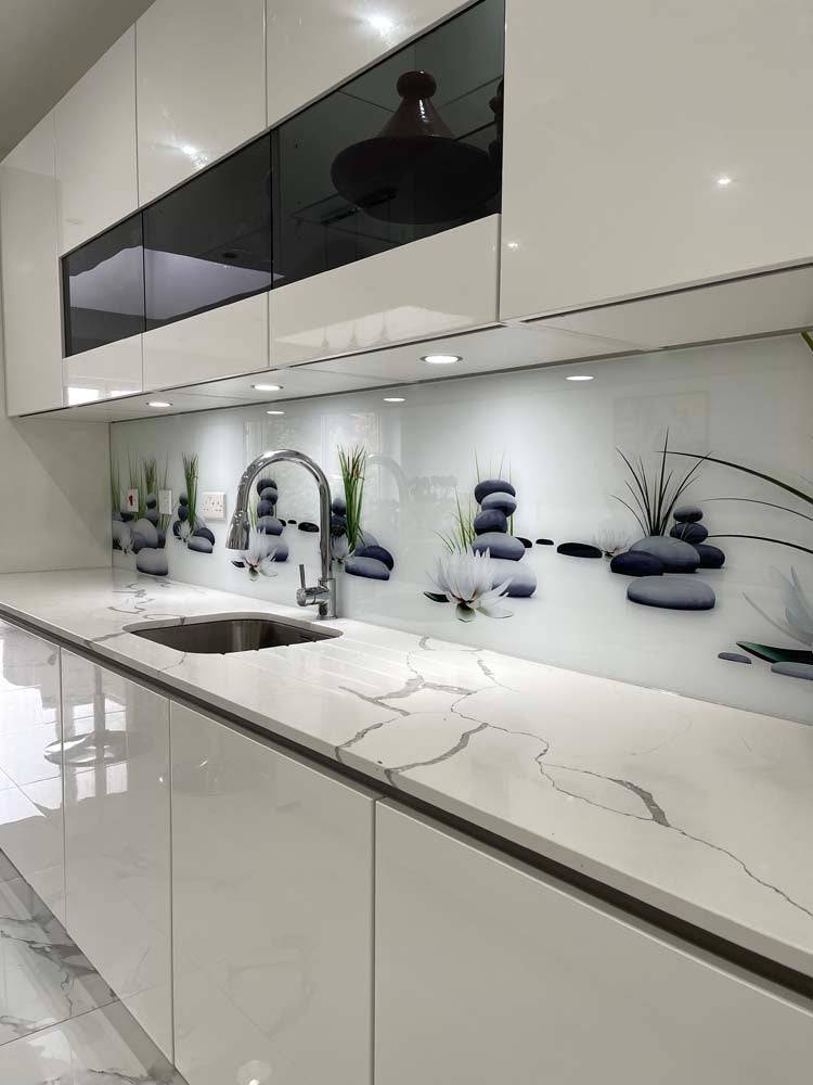White Lotus and Rocks Printed Landscape Glass Splashback - CreoGlass E-Shop
