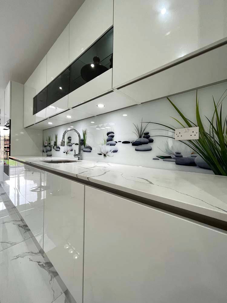 White Lotus and Rocks Printed Landscape Glass Splashback - CreoGlass E-Shop
