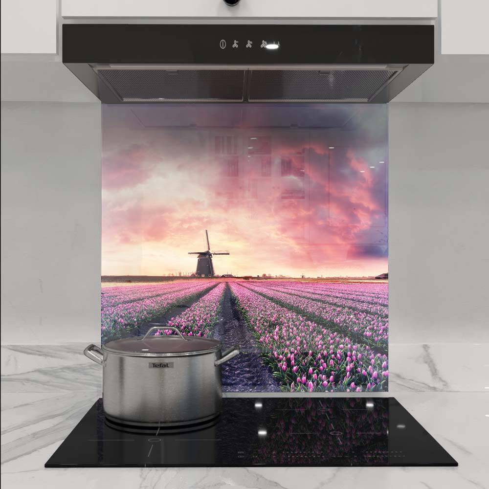 Windmill and Tulips Printed Glass  Splashback - CreoGlass E-Shop
