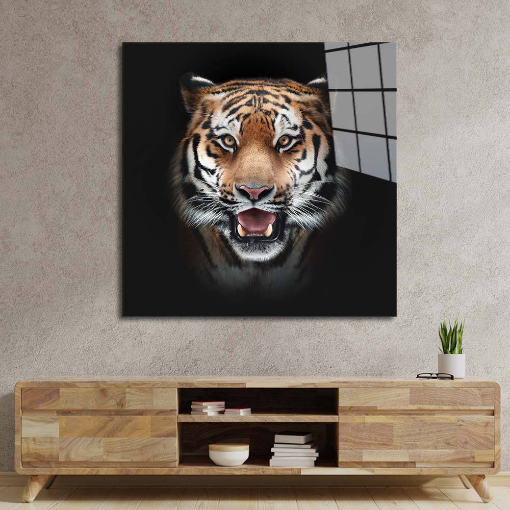 Front-Facing Tiger in Spotlight Glass Wall Art - CreoGlass E-Shop