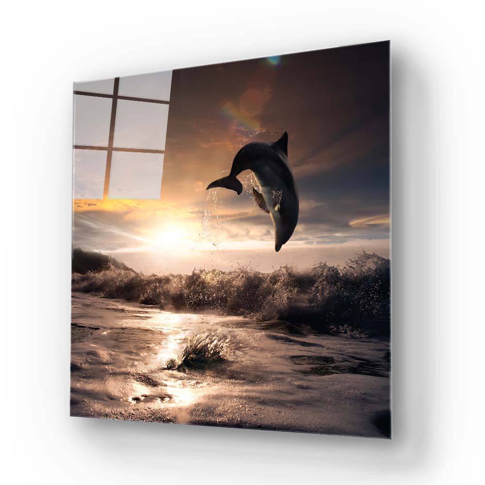 Leaping Dolphin Classic Glass Wall Art - CreoGlass E-Shop