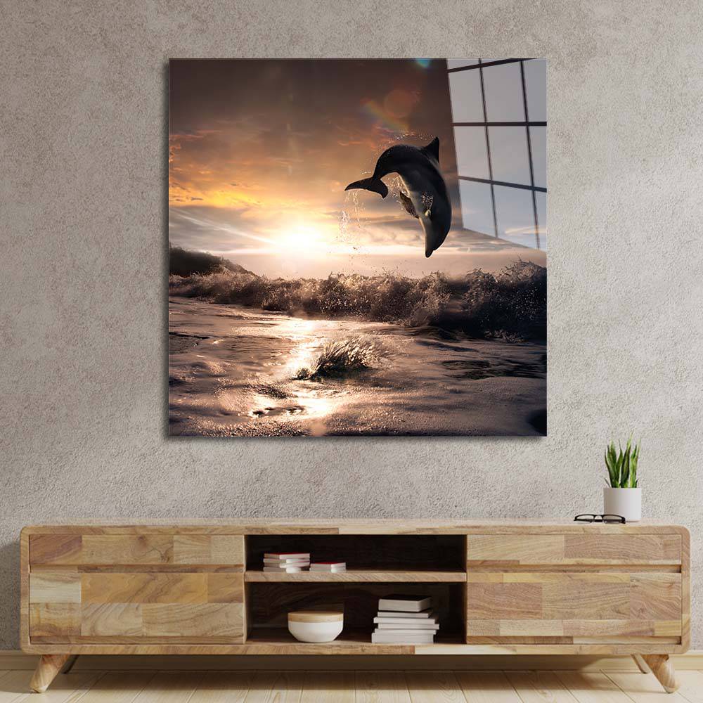 Leaping Dolphin Classic Glass Wall Art - CreoGlass E-Shop