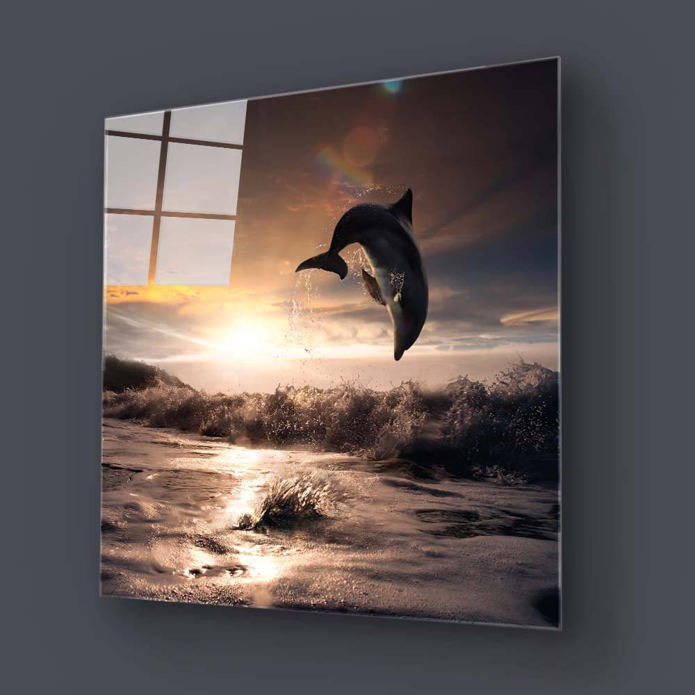 Leaping Dolphin Classic Glass Wall Art - CreoGlass E-Shop