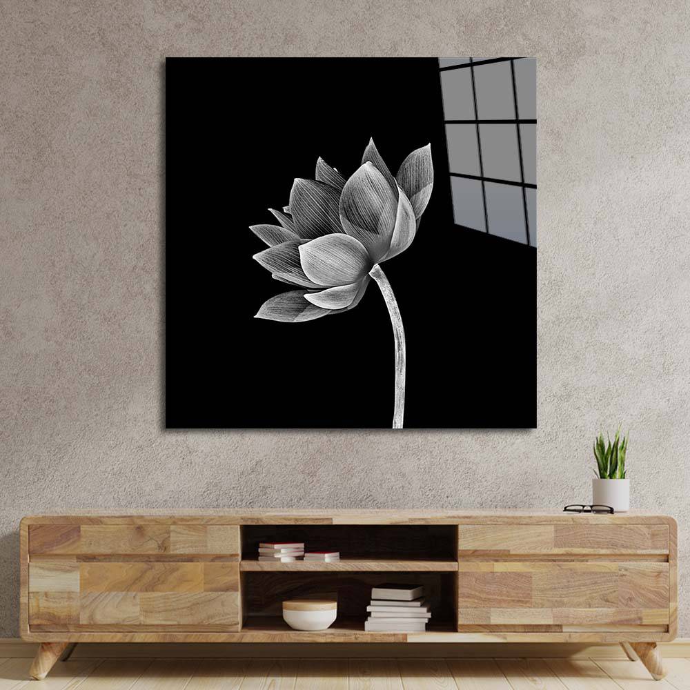 Lotus Black & White Glass Wall Art - CreoGlass E-Shop