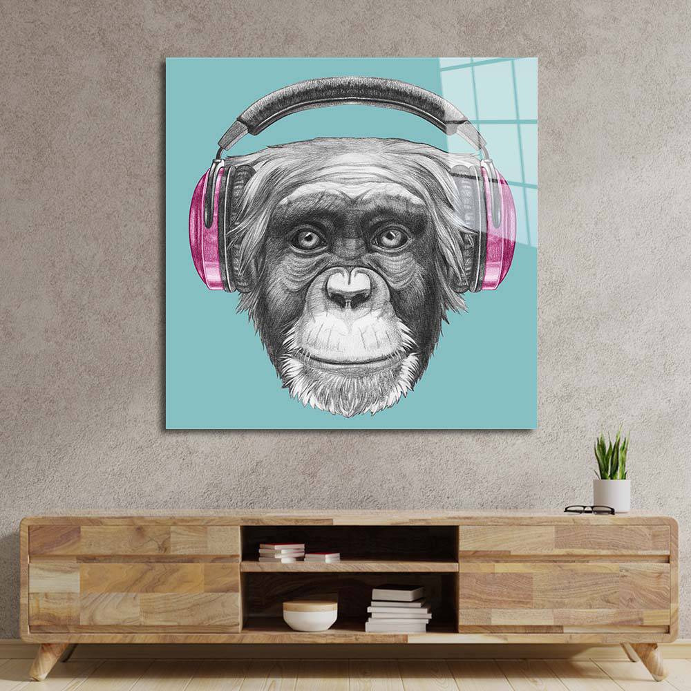 Monkey with Headphones Illustration Glass Wall Art - CreoGlass E-Shop