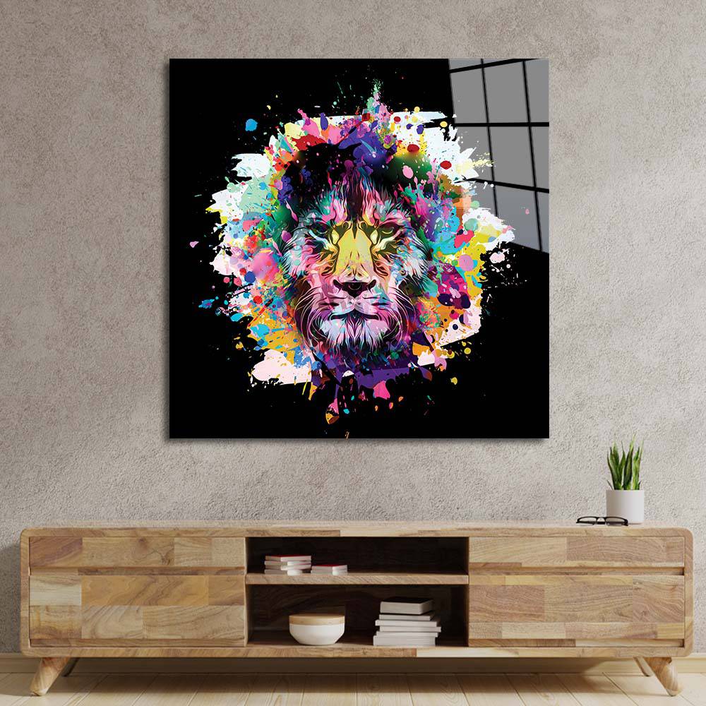 Paint Splash Lion Glass Wall Art - CreoGlass E-Shop
