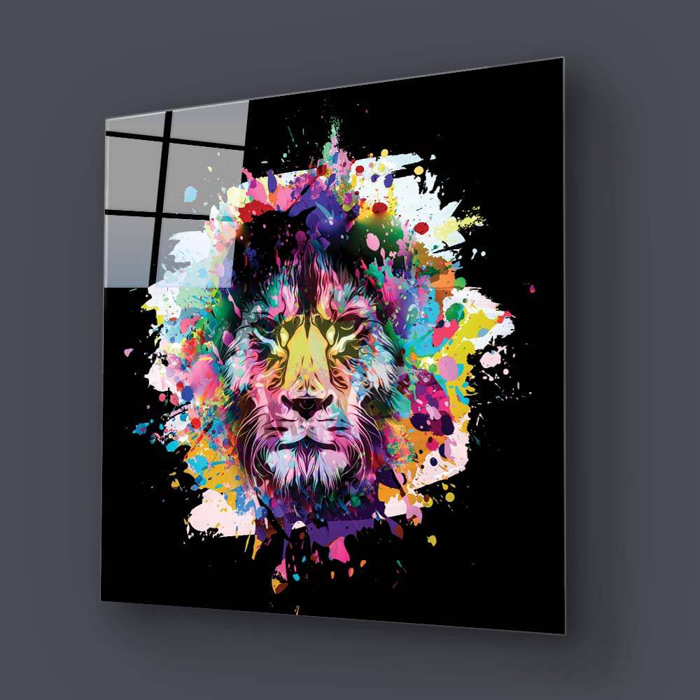 Paint Splash Lion Glass Wall Art - CreoGlass E-Shop