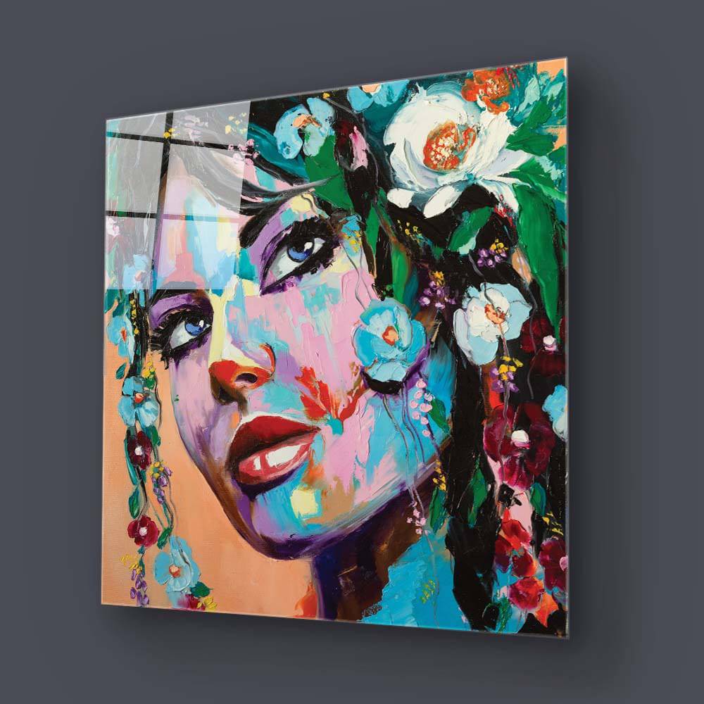 Painted Woman in Flowers Glass Wall Art - CreoGlass E-Shop