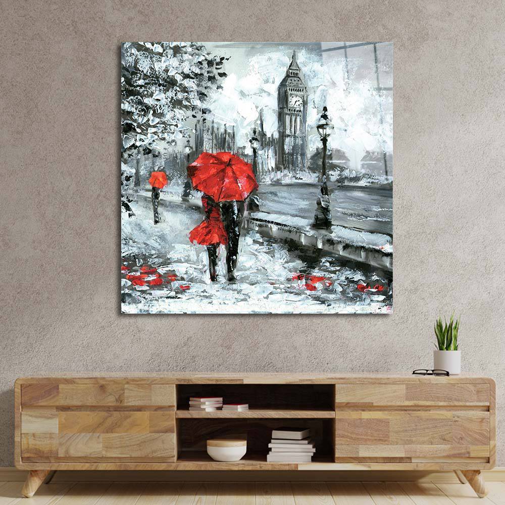 Red Umbrellas in London Glass Wall Art - CreoGlass E-Shop