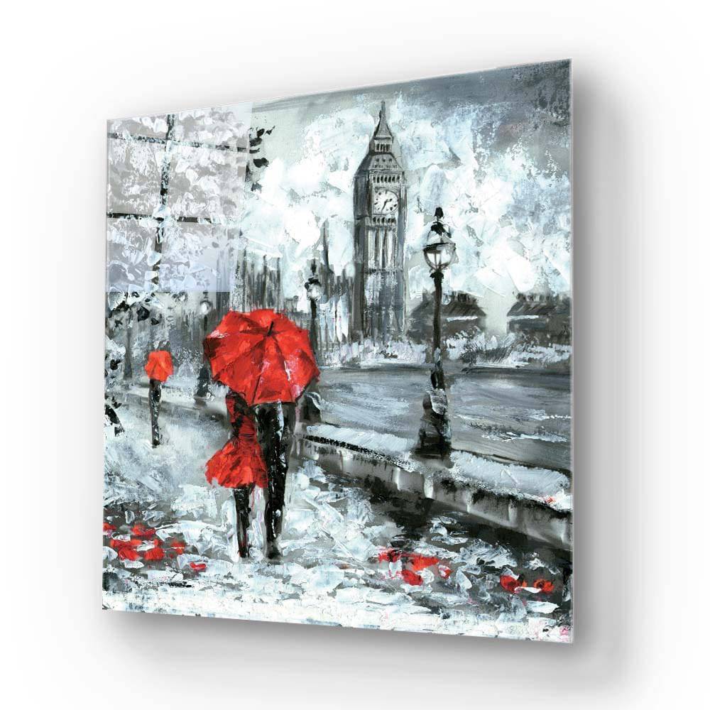 Red Umbrellas in London Glass Wall Art - CreoGlass E-Shop