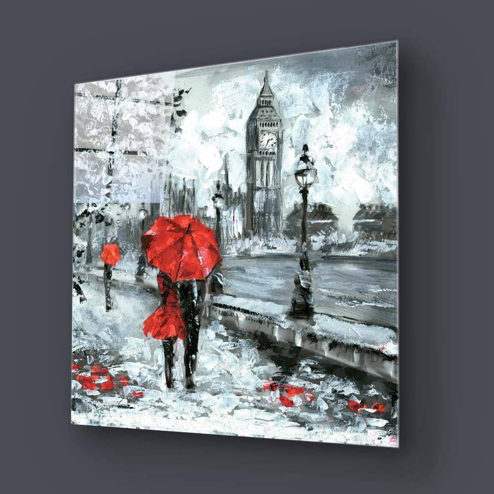 Red Umbrellas in London Glass Wall Art - CreoGlass E-Shop
