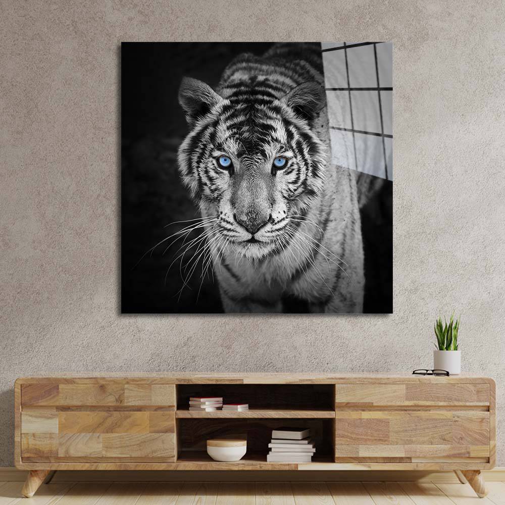 Tiger with Blue Eyes Glass Wall Art - CreoGlass E-Shop