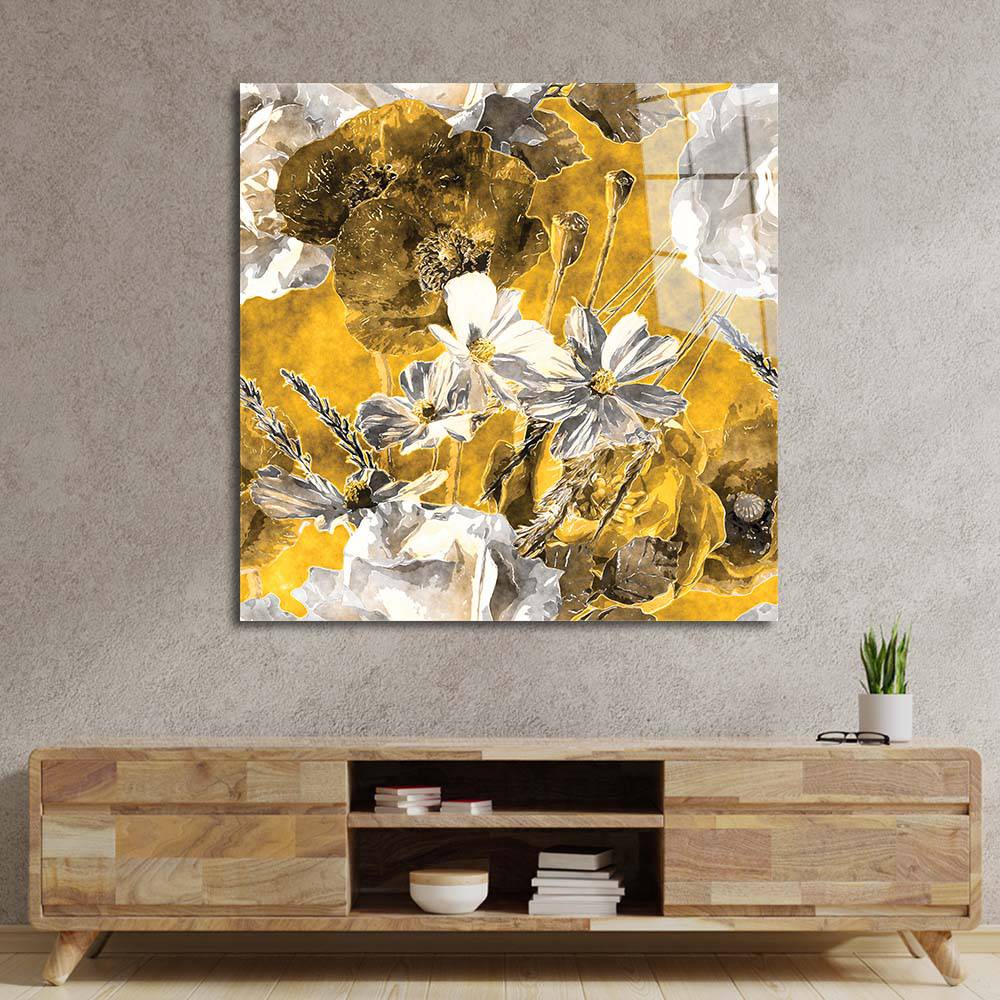 White and Yellow Flowers Glass Wall Art - CreoGlass E-Shop