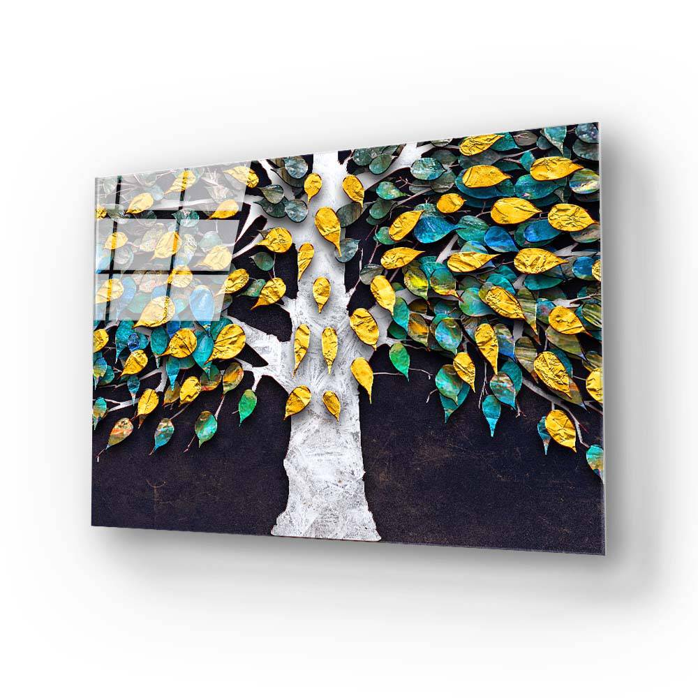 3D Tree with Gold Leaves Glass Wall Art - CreoGlass E-Shop