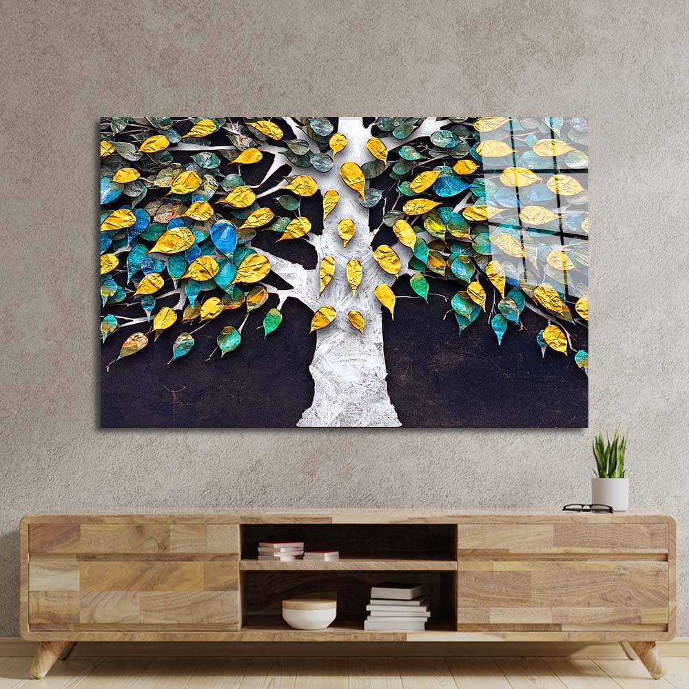 3D Tree with Gold Leaves Glass Wall Art - CreoGlass E-Shop