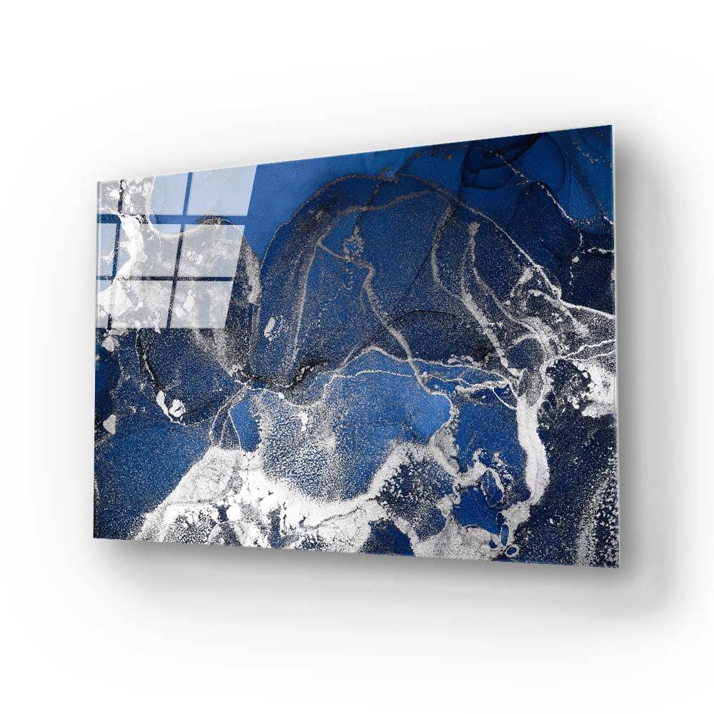 Abstract Blue and Silver Alcohol Ink Marble Glass Wall Art - CreoGlass E-Shop