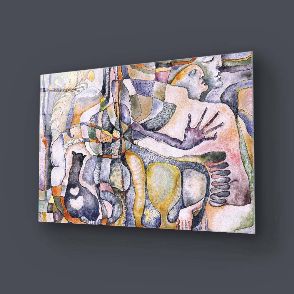 Abstract Man, Woman and their Cat Glass Wall Art - CreoGlass E-Shop