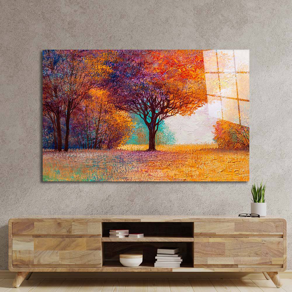 Autumn Forest Orange Leaves Glass Wall Art - CreoGlass E-Shop
