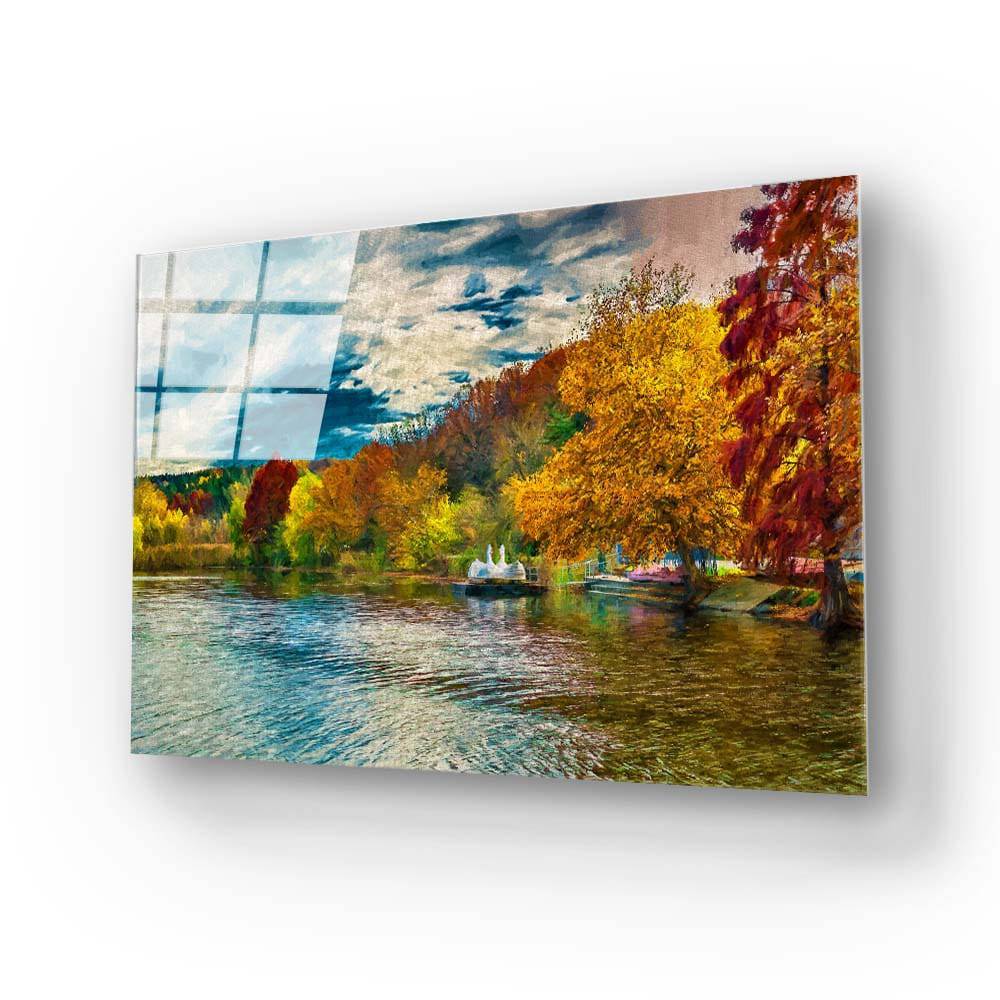 Autumn Swan Lake Glass Wall Art - CreoGlass E-Shop