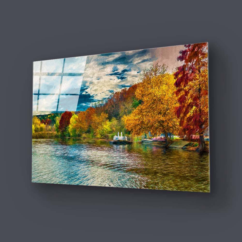 Autumn Swan Lake Glass Wall Art - CreoGlass E-Shop
