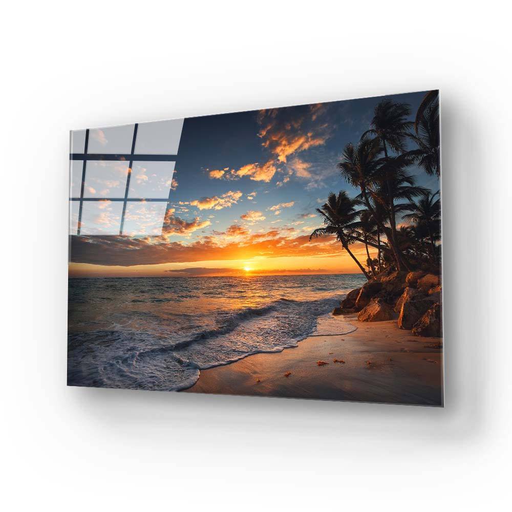 Beach Sunset with Palm Trees Glass Wall Art - CreoGlass E-Shop