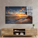 Beach Sunset with Palm Trees Glass Wall Art - CreoGlass E-Shop