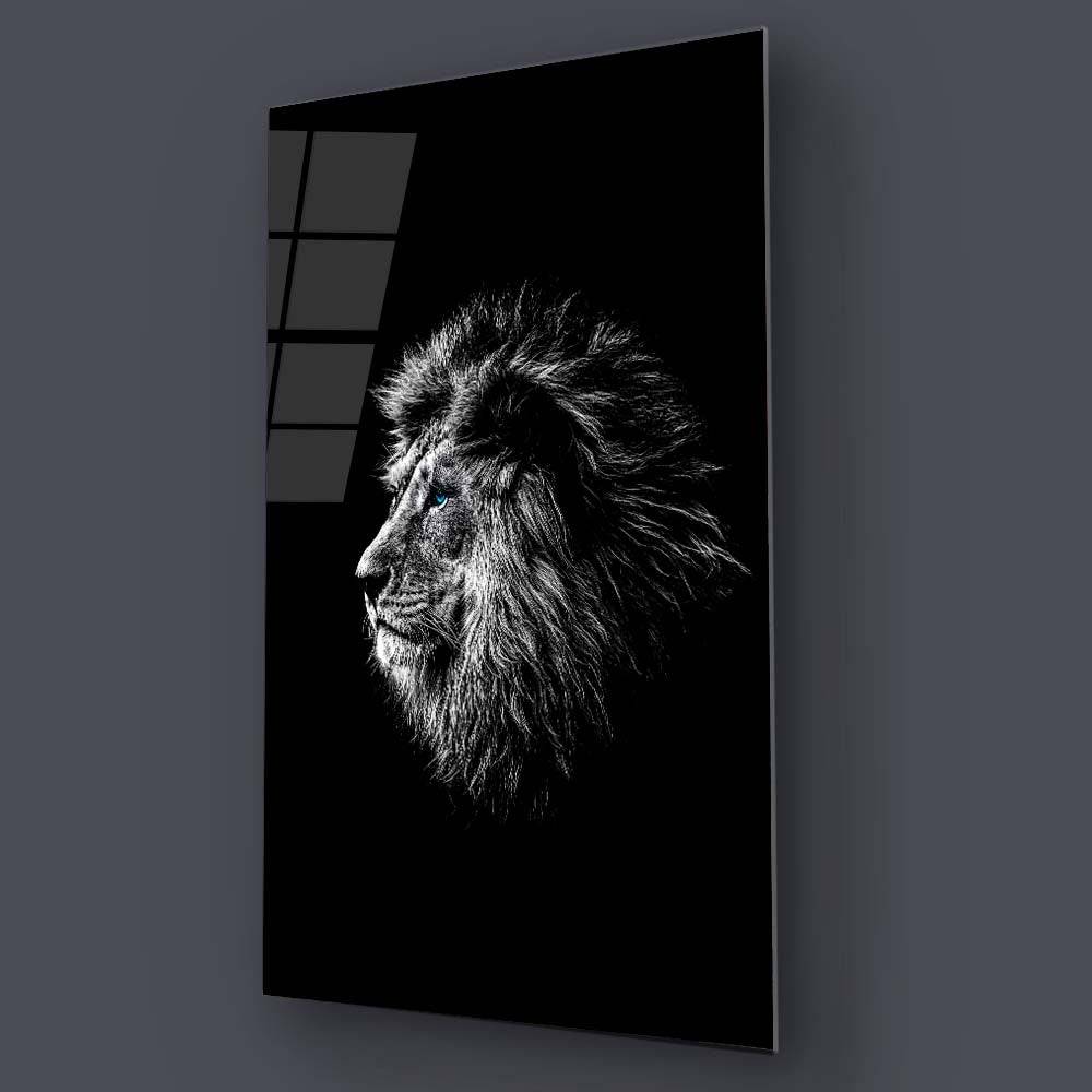 Black and White Lion with Blue Eyes Glass Wall Art - CreoGlass E-Shop